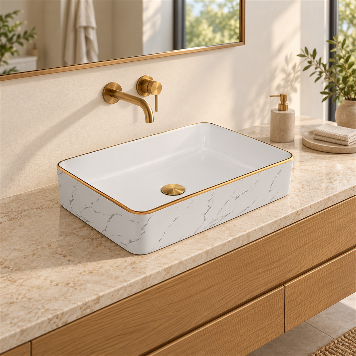 Lavamanos Cubik Calacata White + Gold 50 × 34 cm: ambientación amplia. Grifería, desagüe y mueble no incluidos.