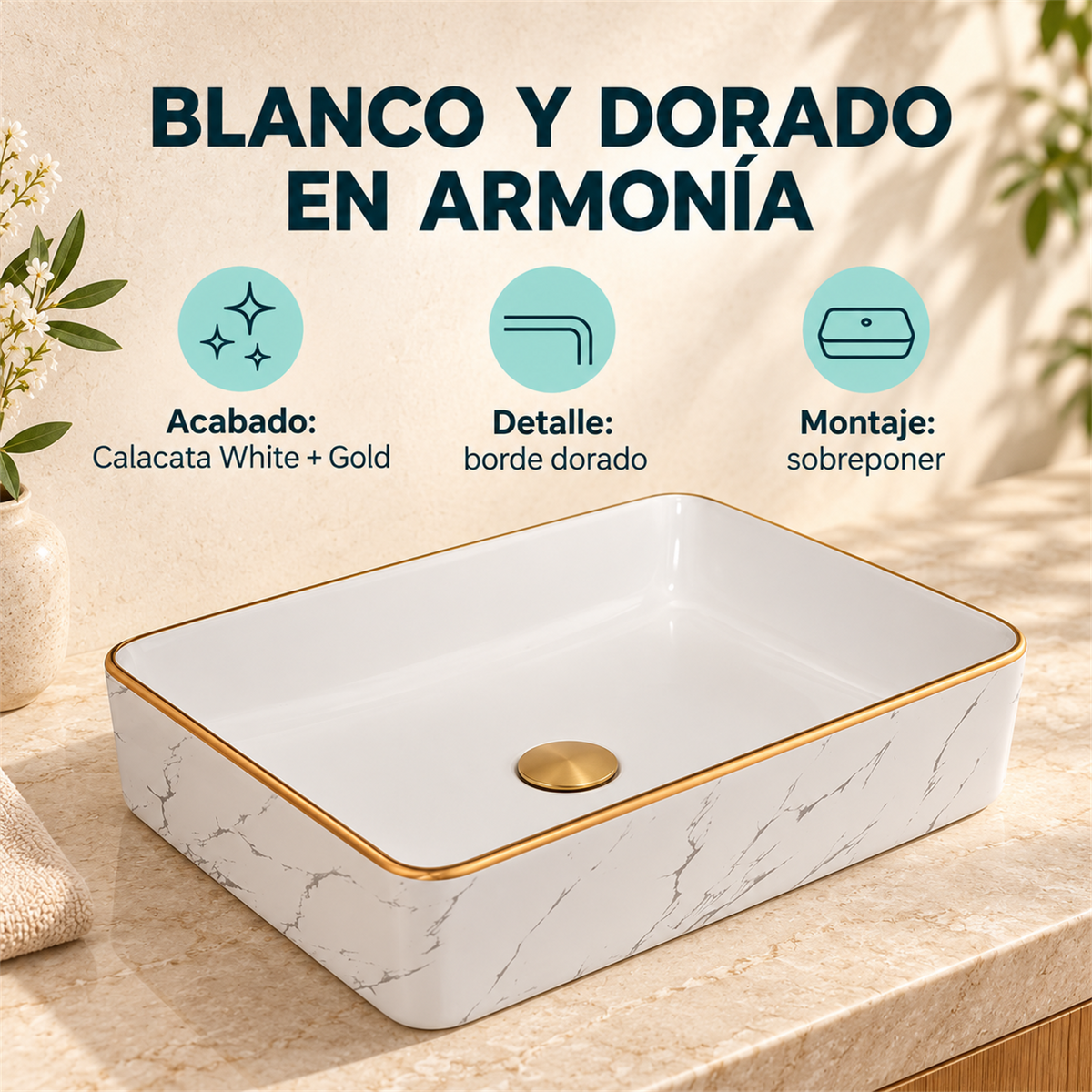 Lavamanos Cubik Calacata White + Gold 50 × 34 cm: características de diseño, acabado y montaje. Accesorios de ambientación no incluidos.