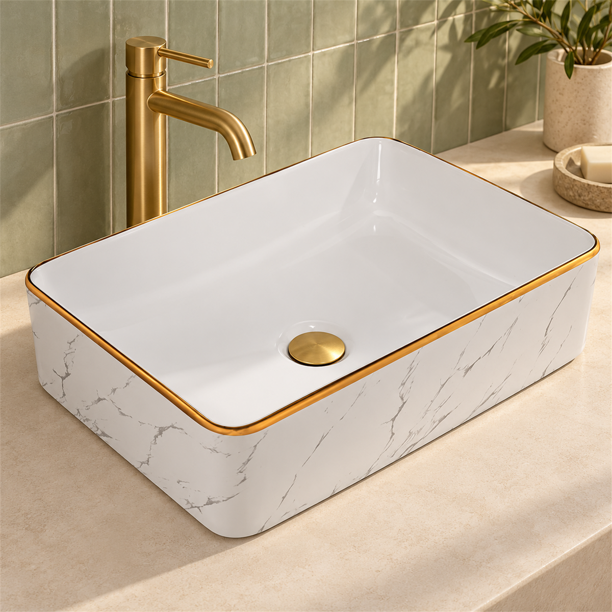 Lavamanos Cubik Calacata White + Gold 50 × 34 cm: ambientación cercana. Grifería, desagüe y mueble no incluidos.