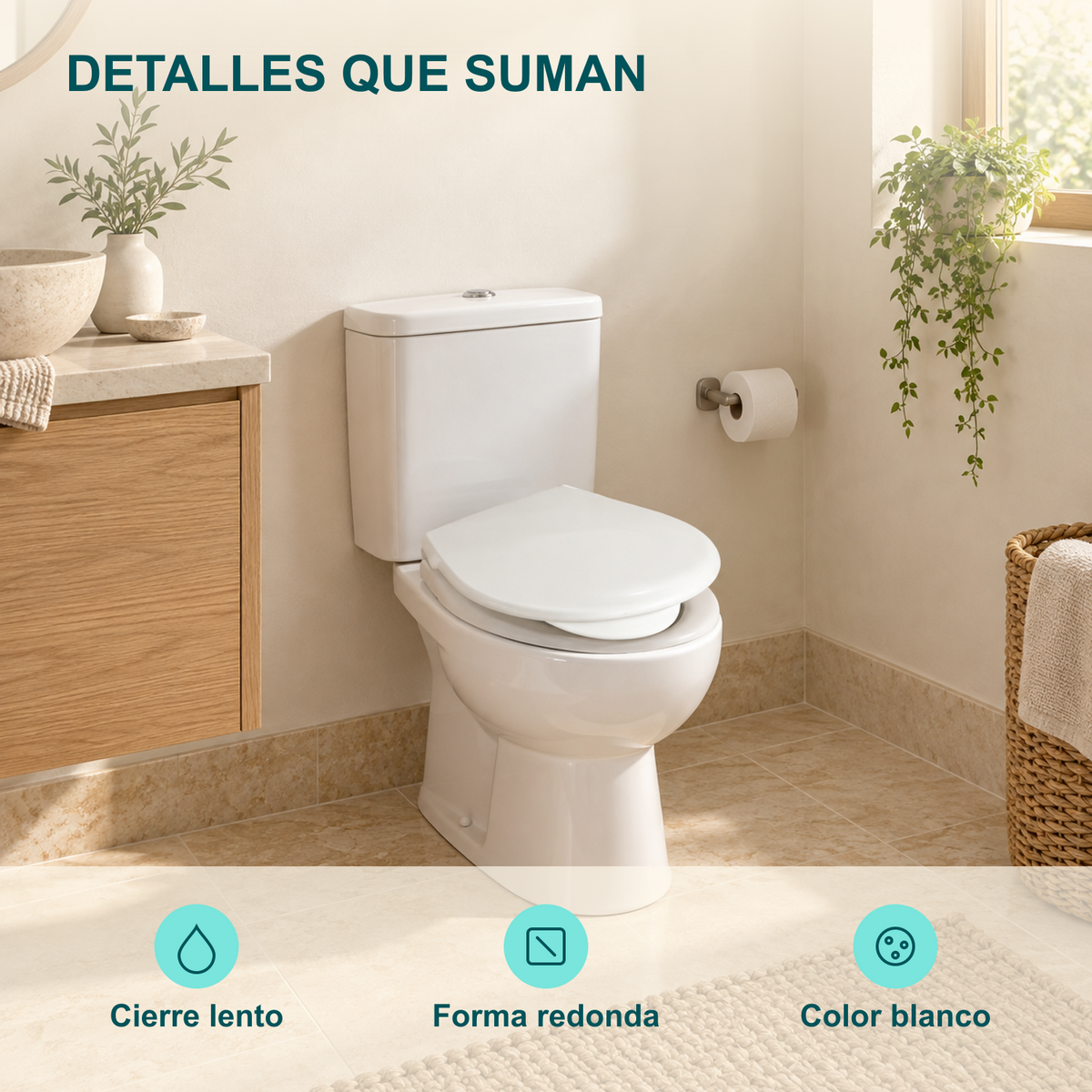 Tapa Asiento Redonda Blanca con Cierre Lento: Cierre lento, Forma redonda, Color blanco