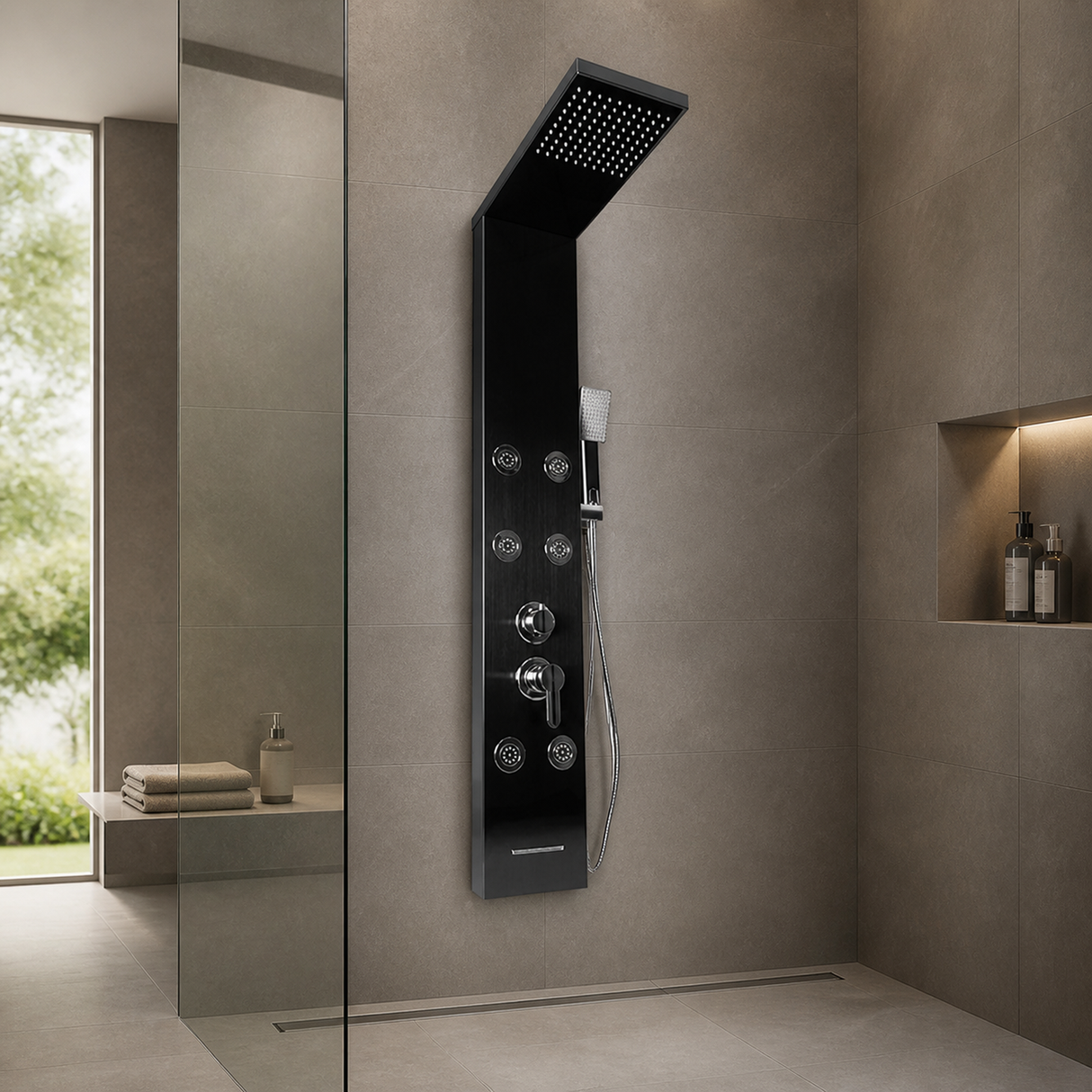 Torre de ducha negra instalada a escala en un baño contemporáneo
