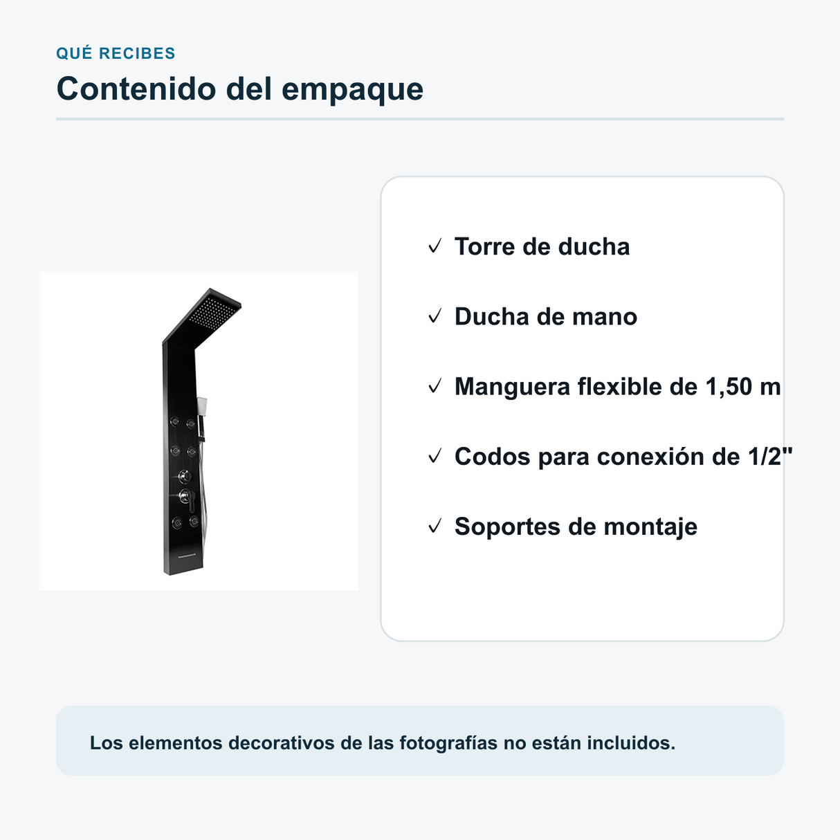 Contenido del empaque de la torre de ducha negra