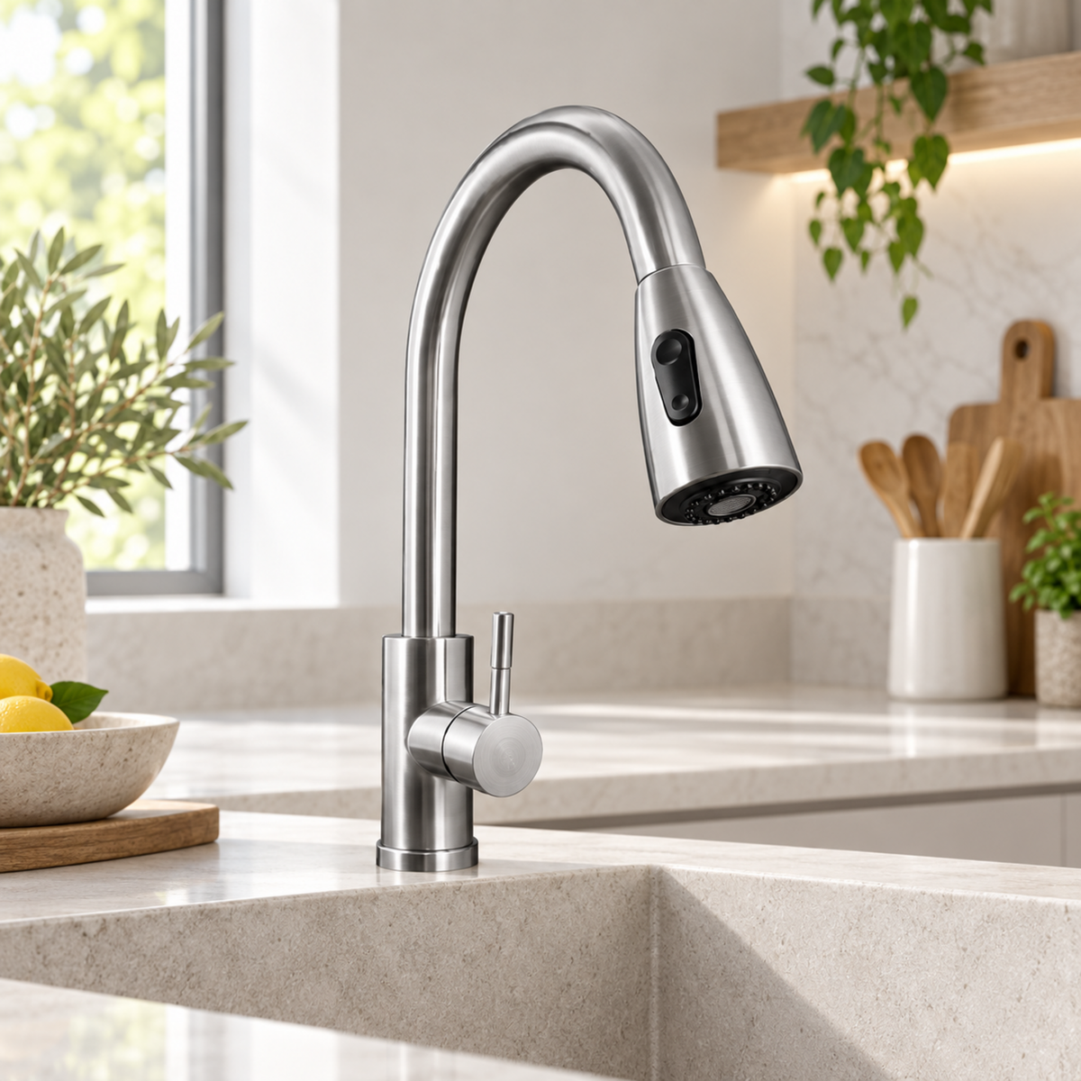 Mezclador monomando de cocina extraíble en acero inoxidable satinado, ambientado en cocina moderna
