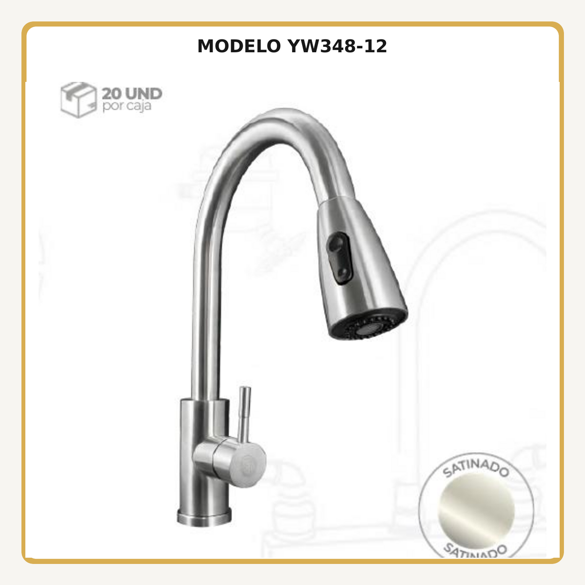 Mezclador monomando de cocina extraíble en acero inoxidable satinado, vista ampliada del modelo YW348-12