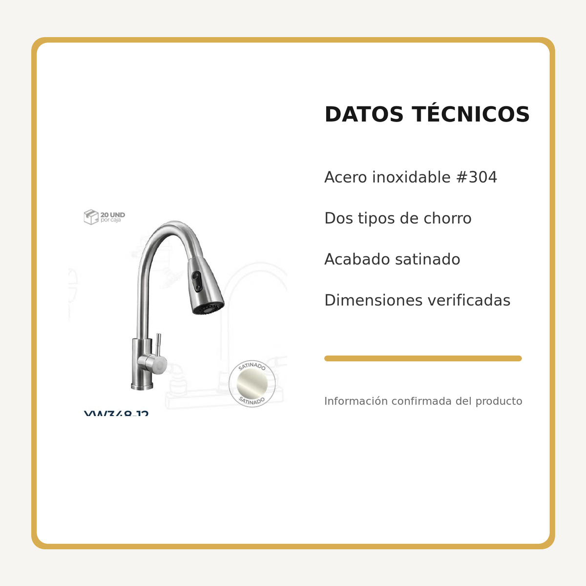 Mezclador monomando de cocina extraíble en acero inoxidable satinado, medidas y datos técnicos