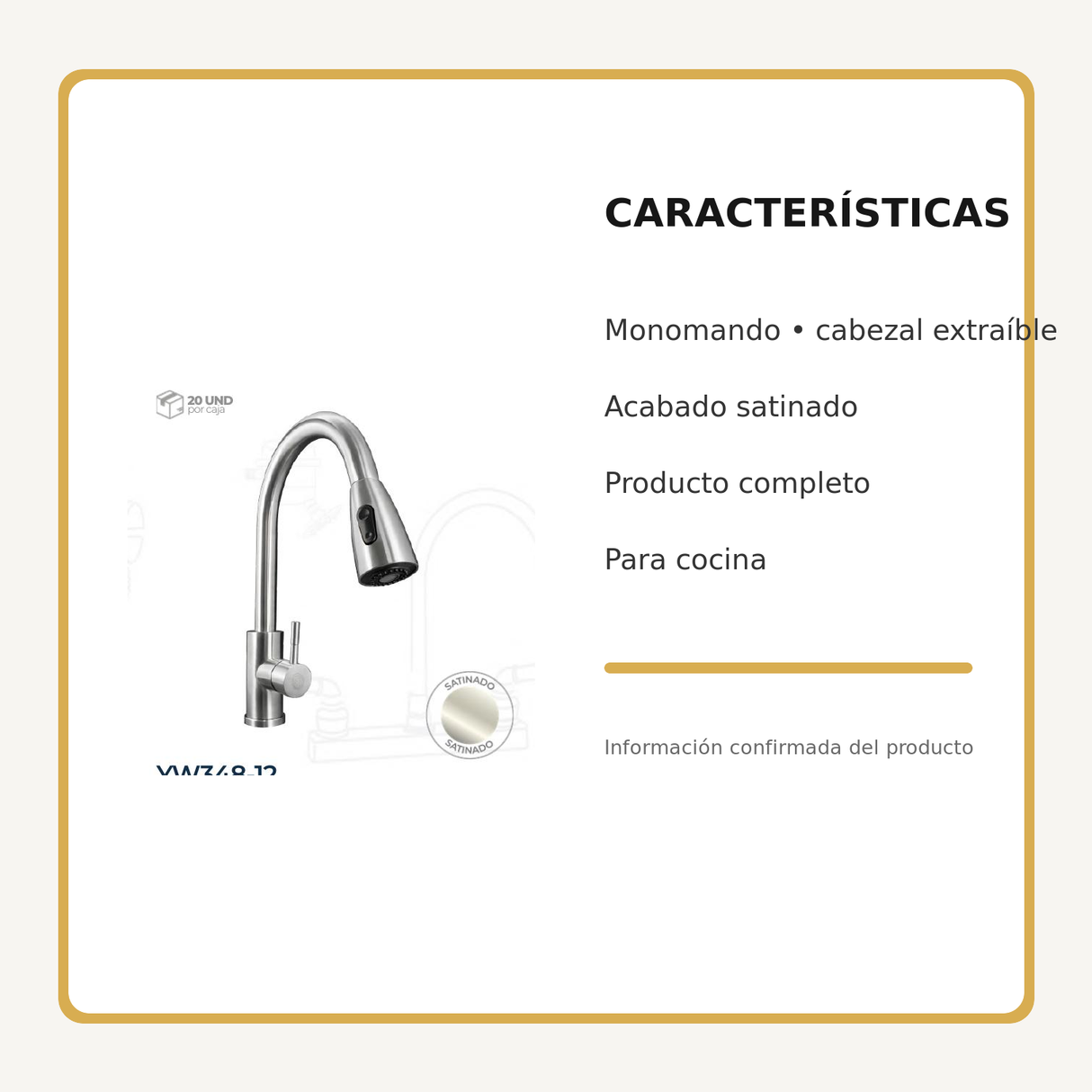 Mezclador monomando de cocina extraíble en acero inoxidable satinado, características principales