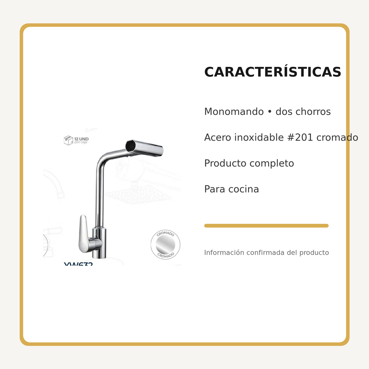 Mezclador monomando de cocina en acero inoxidable cromado de 2 chorros, características principales