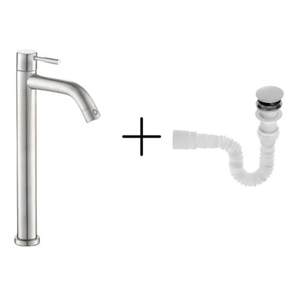 Grifería Lavamanos Poste Alto, Desagüe Sifón Flexible.