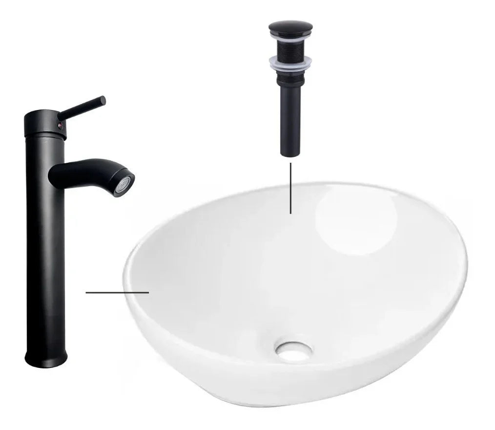 Combo Lavamanos Blanco + Griferia Mezclador Negra + Push (7602904563878)