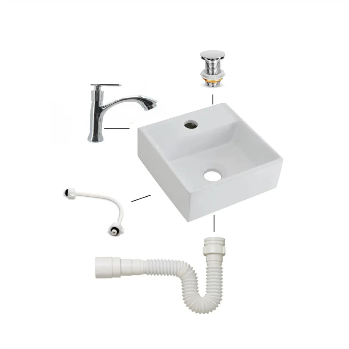 Combo Lavamanos White Vessel 33cm+ Griferia Seul +push+sifon