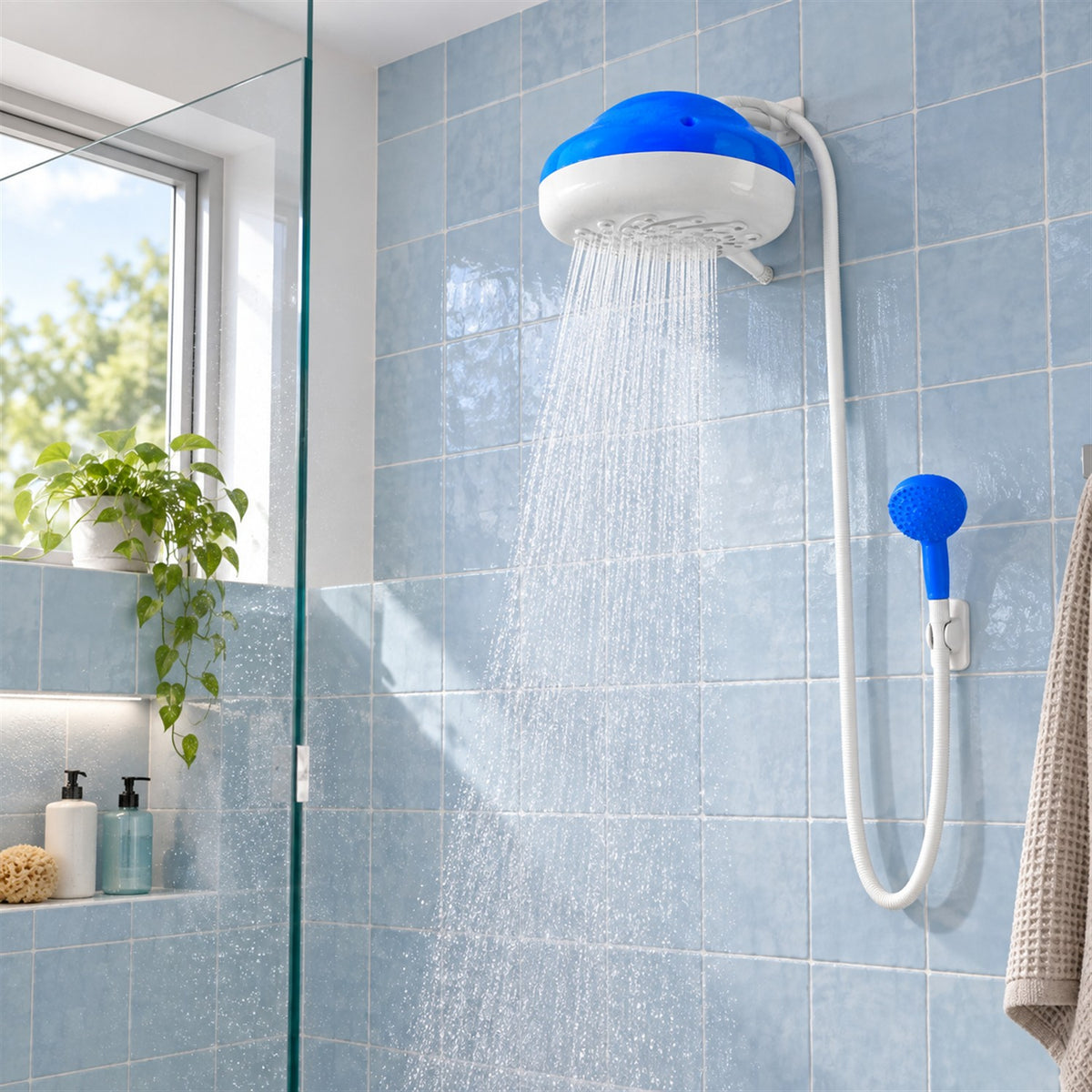 Ducha Premium Zent azul instalada y funcionando