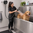 Ducha eléctrica Fusion PET negra 110V con peluquera fuera de la tina y perro en el lavadero