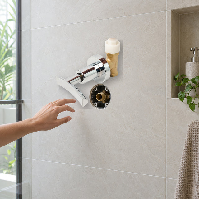 Registro exacto instalado en ducha con mano de usuario
