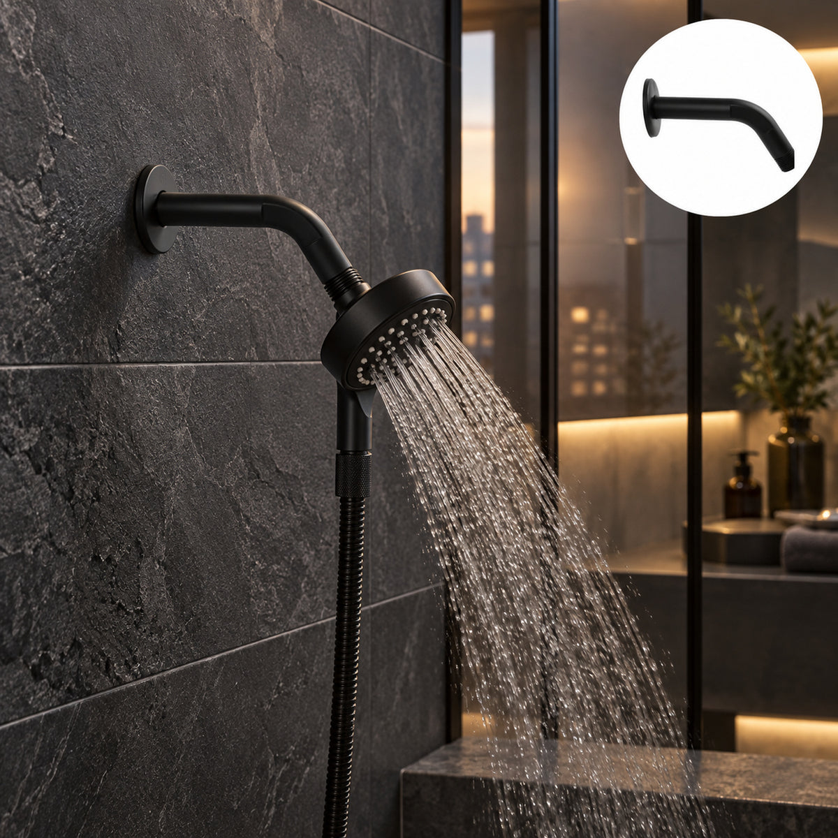 tubo curvo negro para regadera instalado en baño contemporáneo