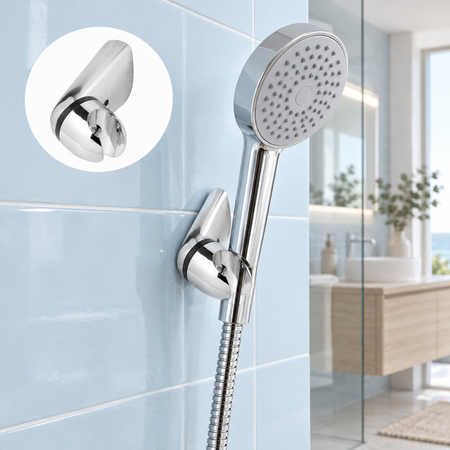 soporte ajustable cromado para teleducha instalado en baño contemporáneo
