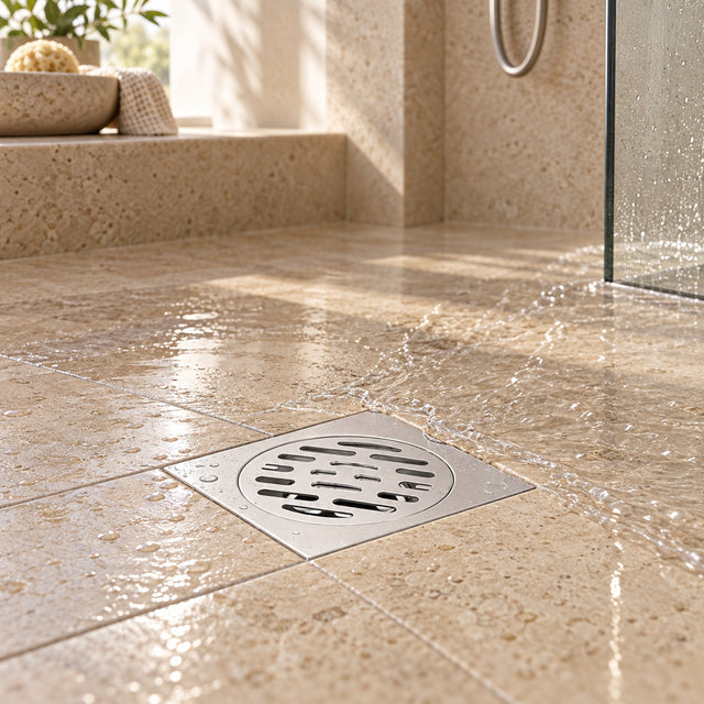 Rejilla de piso inoxidable ambientada en ducha