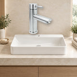 Mezclador para lavamanos en acero inoxidable satinado instalado en baño claro