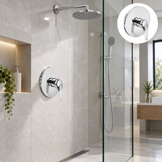 Registro monocontrol para ducha con escudo redondo en acero inoxidable instalado en baño moderno