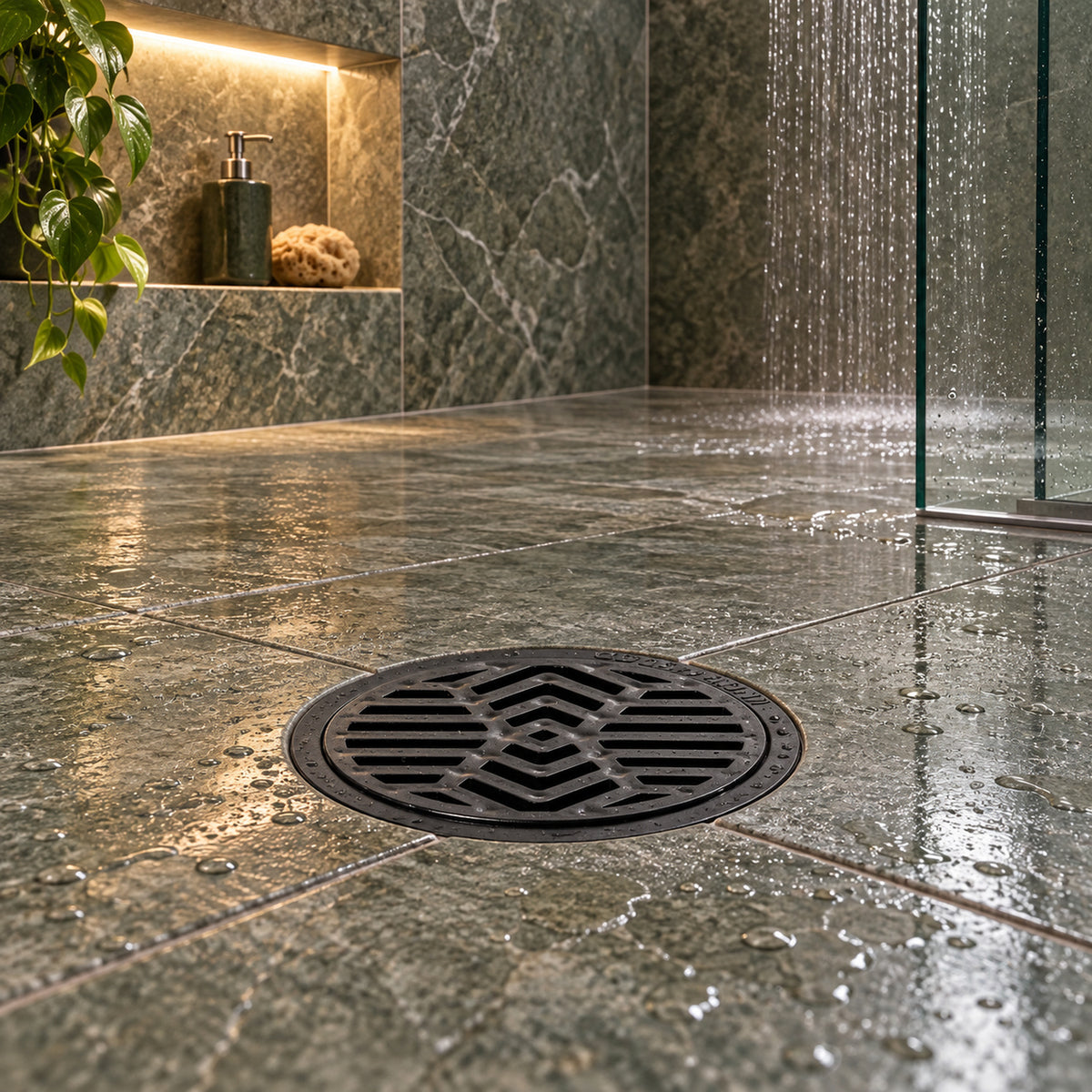 Rejilla De Piso En PVC Negra Con Diseño Radial 3 × 2 cm - ambientación principal