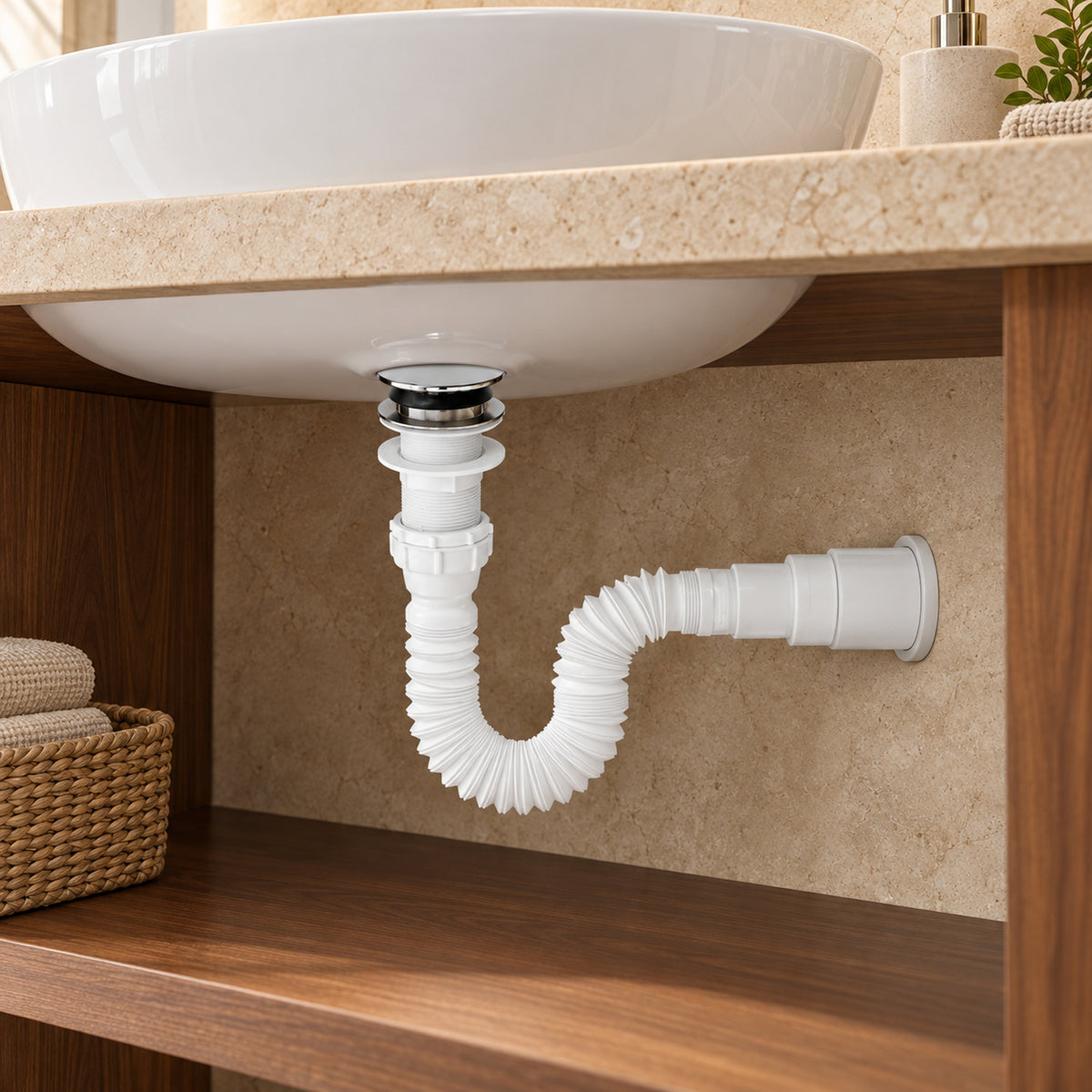 Sifón Flexible Con Push Para Lavamanos Blanco Y Cromado - imagen 1