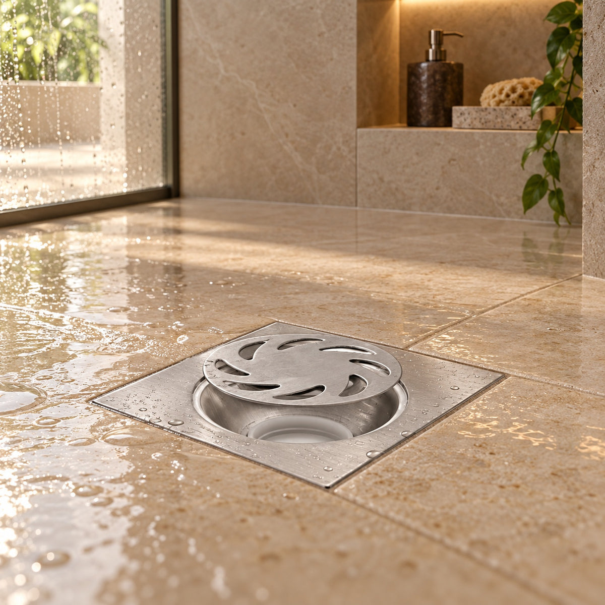 Rejilla de piso satinada antiolor instalada en ducha