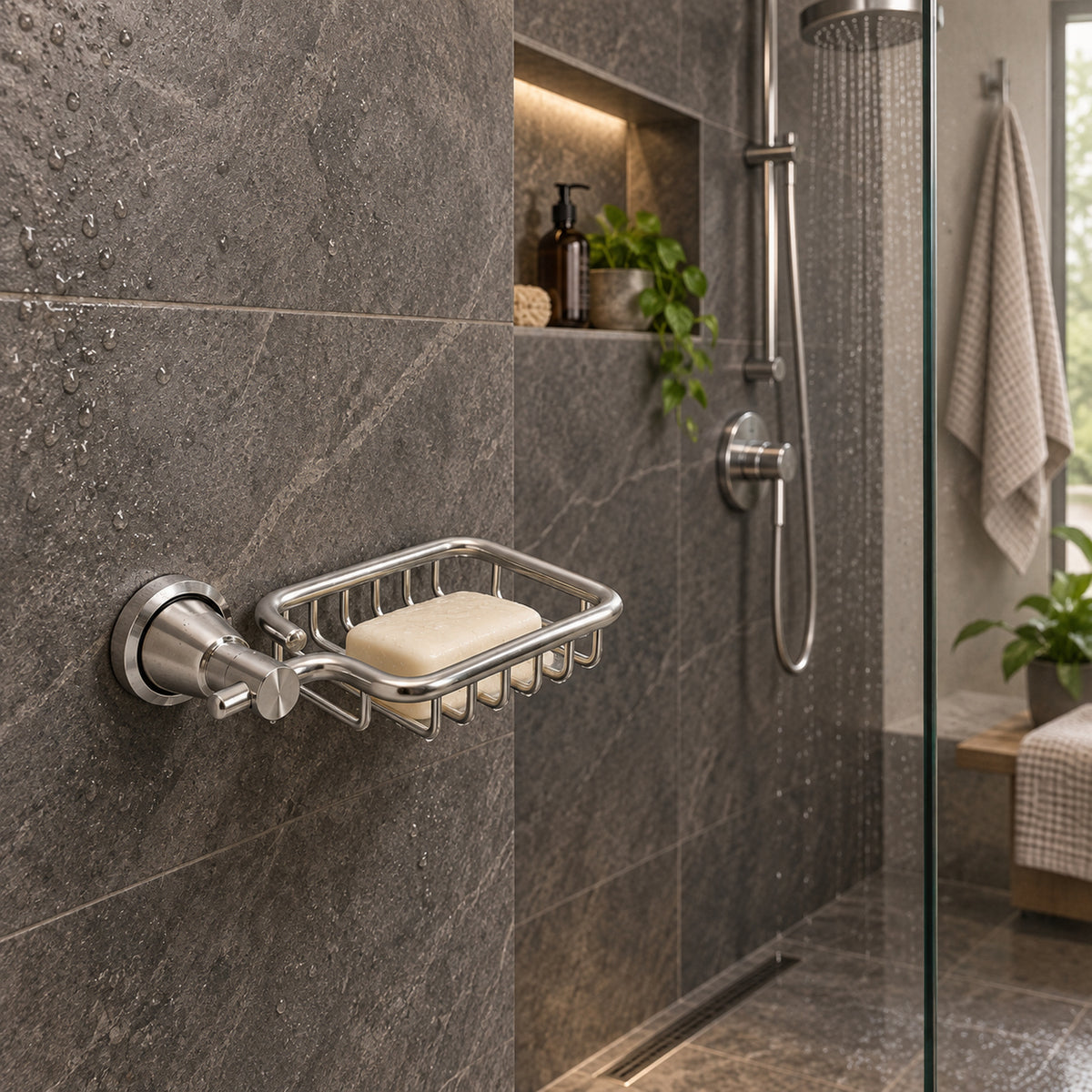 Jabonera de rejilla en aluminio cromado con base redonda ambientada en baño, vista amplia