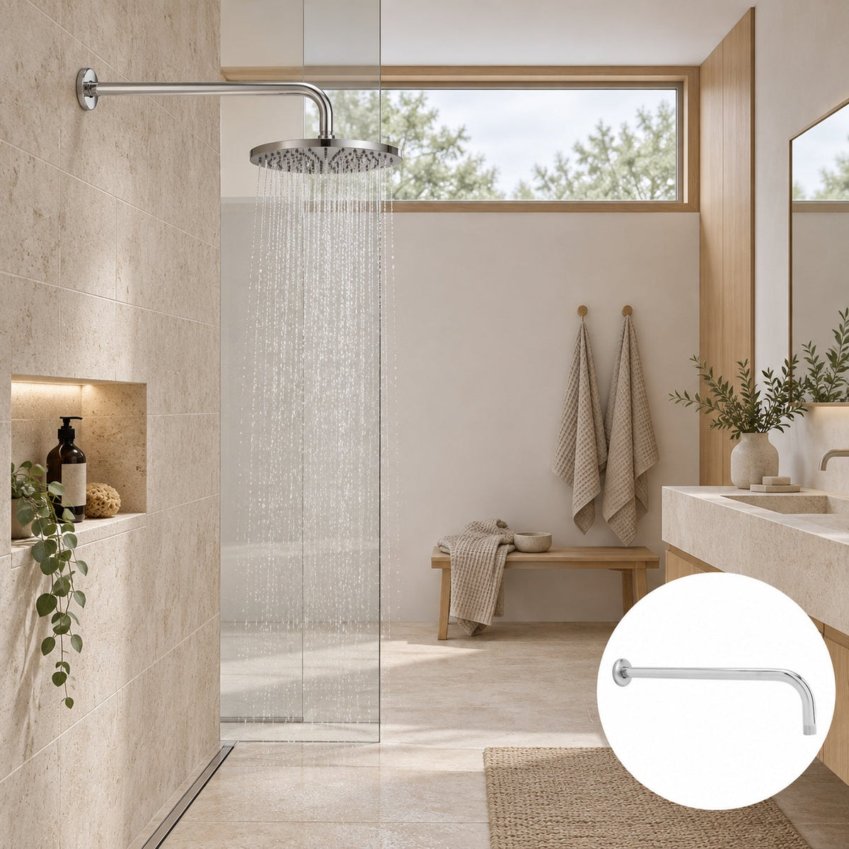 Ambientación amplia — Tubo para Regadera de Pared de 37 cm en Acero Inoxidable Cromado