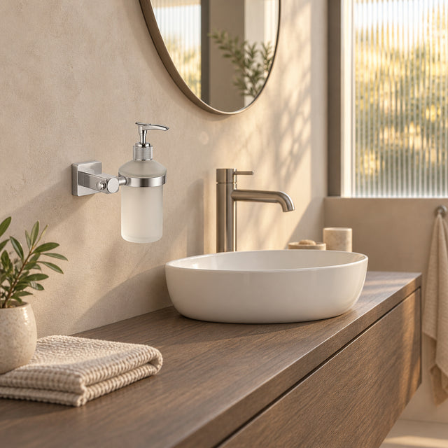 Dispensador mural de jabón con base cuadrada cromada ambientado en baño, vista amplia