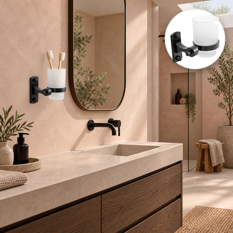Portavaso mural en aluminio negro con vaso blanco