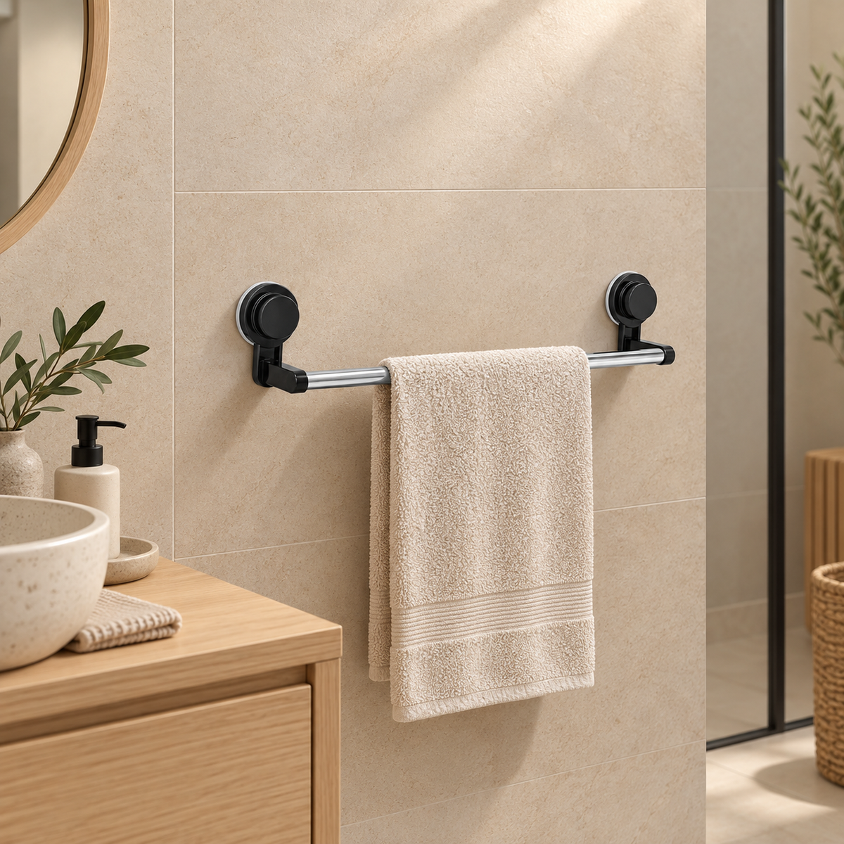 Toallero de barra sencilla instalado en un baño contemporáneo