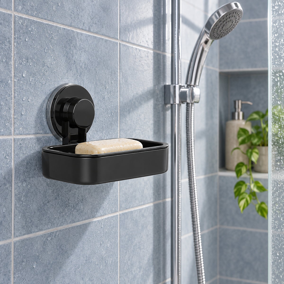 Jabonera de baño con ventosa instalado en un baño contemporáneo
