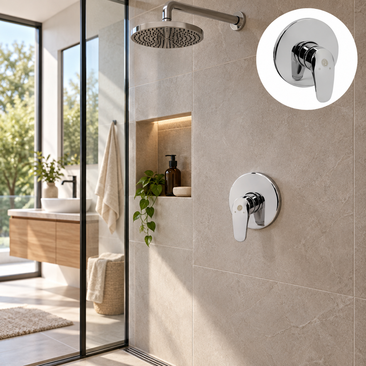 Registro monocontrol para ducha en ABS cromado con escudo redondo instalado en baño moderno