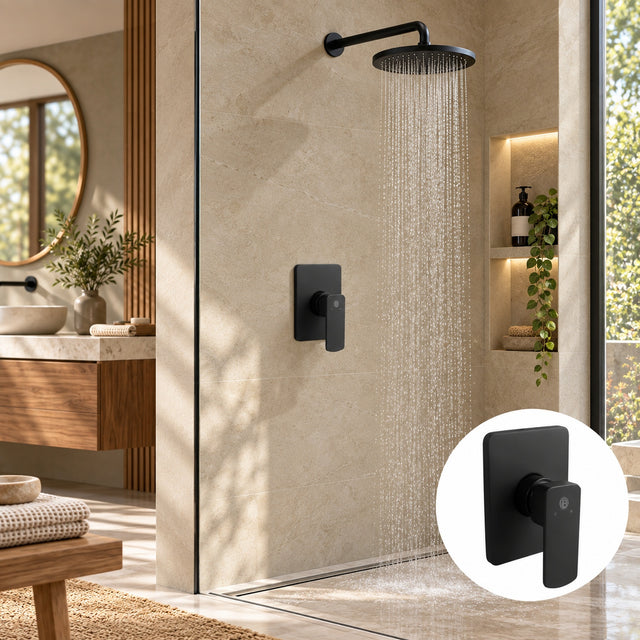 Registro monocontrol negro con escudo cuadrado instalado correctamente en ducha contemporánea