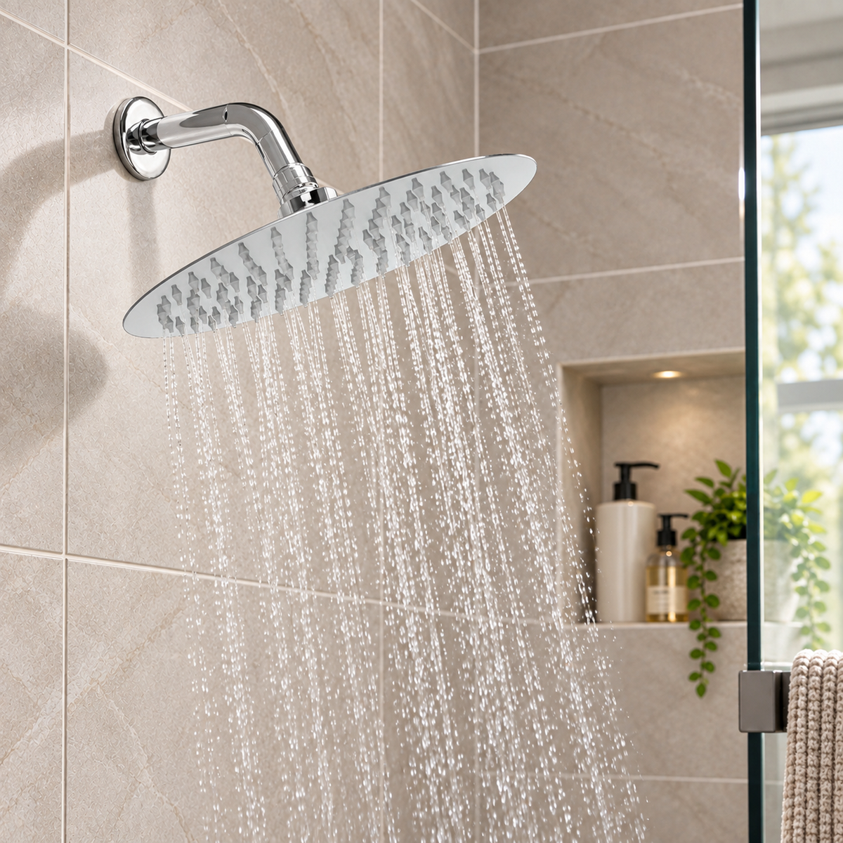 YW547: regadera ambientada en baño realista con agua natural