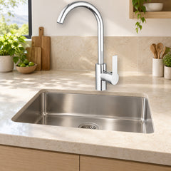 Mezclador de cocina en acero inoxidable con manija lateral blanca