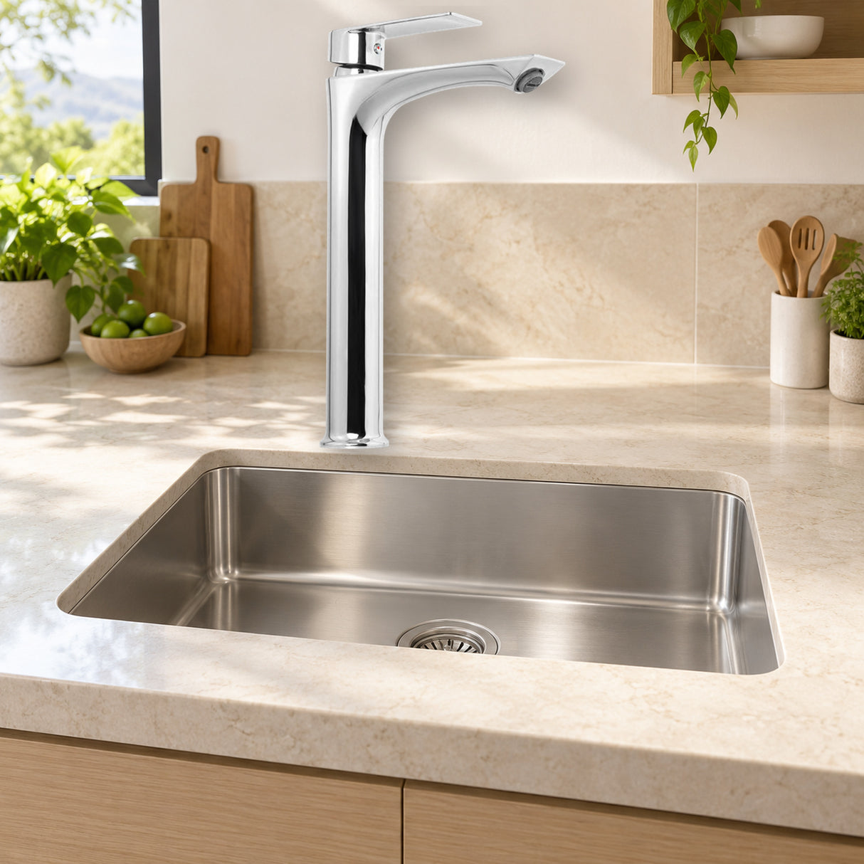 Mezclador para lavamanos en bronce con manija de zinc cromada instalado en ambiente claro