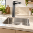Mezclador para lavamanos en bronce con manija de zinc negro instalado en ambiente claro