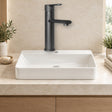 Mezclador para lavamanos en acero negro con manija de zinc instalado en baño claro
