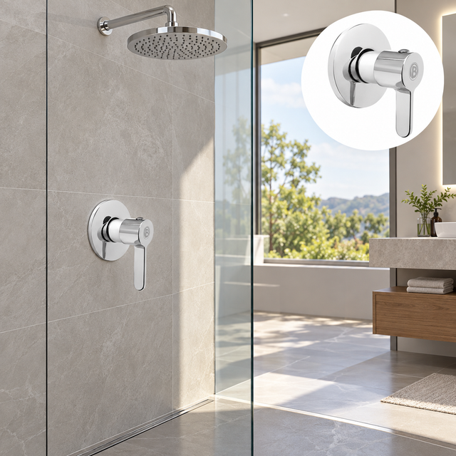 Registro sencillo para ducha en latón con manija lisa cromada instalado en baño moderno