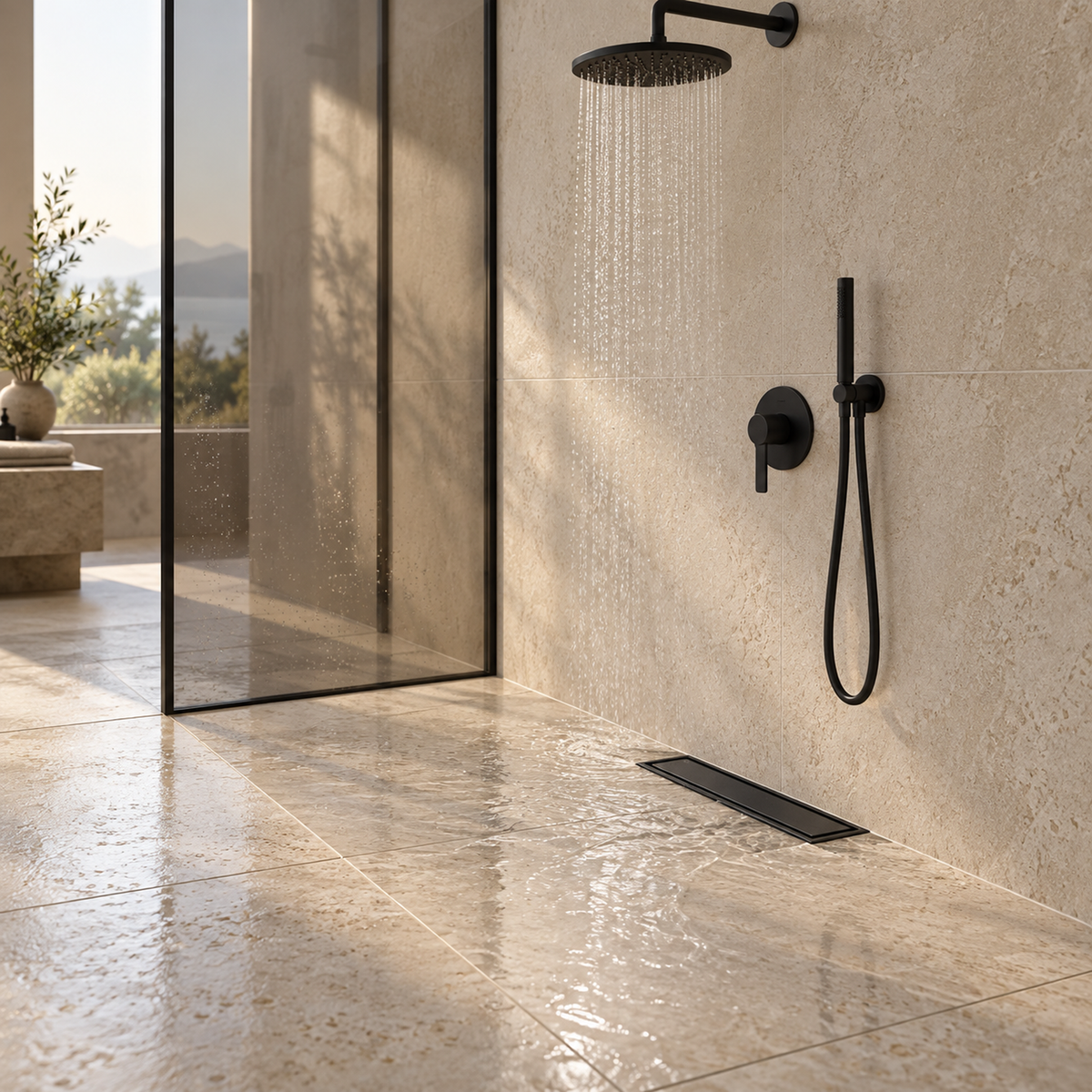 rejilla invisible de piso en acero negro de 10 por 30 centímetros instalada en baño contemporáneo, vista amplia