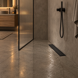 rejilla invisible de piso en acero negro de 10 por 40 centímetros instalada en baño contemporáneo, vista amplia
