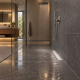 rejilla invisible de piso en acero plateado de 10 por 40 centímetros instalada en baño contemporáneo, vista amplia