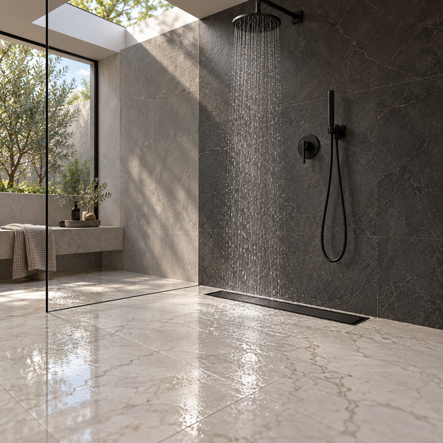 rejilla invisible de piso en acero negro de 10 por 60 centímetros instalada en baño contemporáneo, vista amplia
