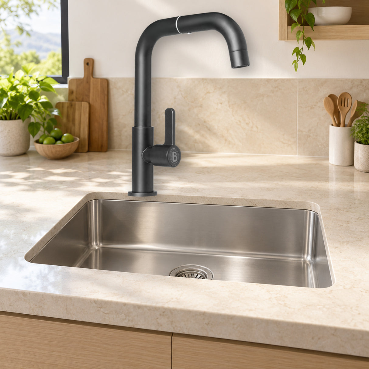 Llave sencilla de pared en acero gris con manija de ABS instalada en cocina clara