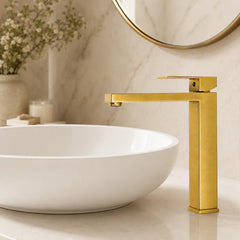 Grifería Alta Monocontrol Paris Oro Cepillado en Acero Inoxidable 30 cm para Lavamanos