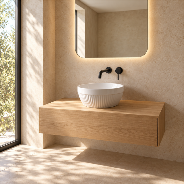 Lavamanos Gretta blanco de sobreponer en un baño cálido; grifería, mueble y decoración no incluidos.