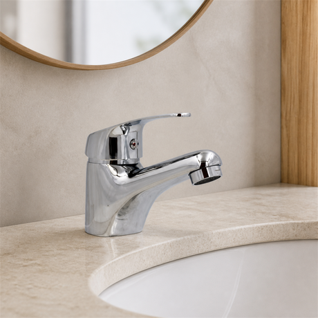 Grifería monocontrol Colomba cromada instalada en lavamanos de baño contemporáneo