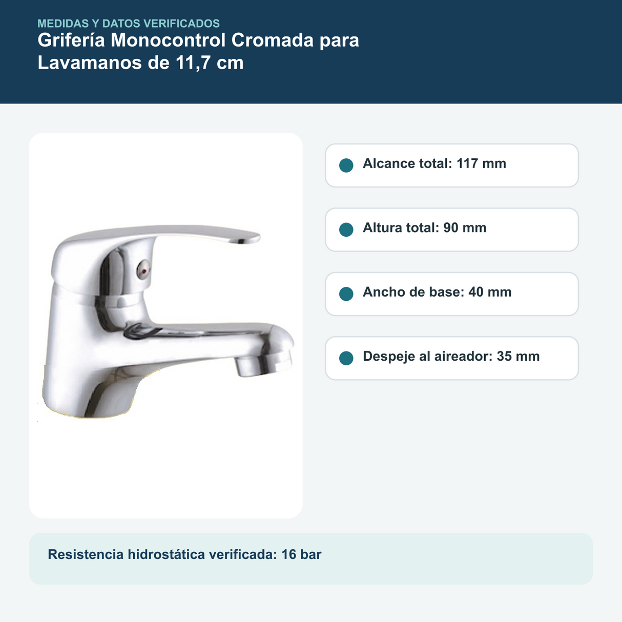 Medidas y datos verificados del grifería monocontrol cromada para lavamanos de 11,7 cm