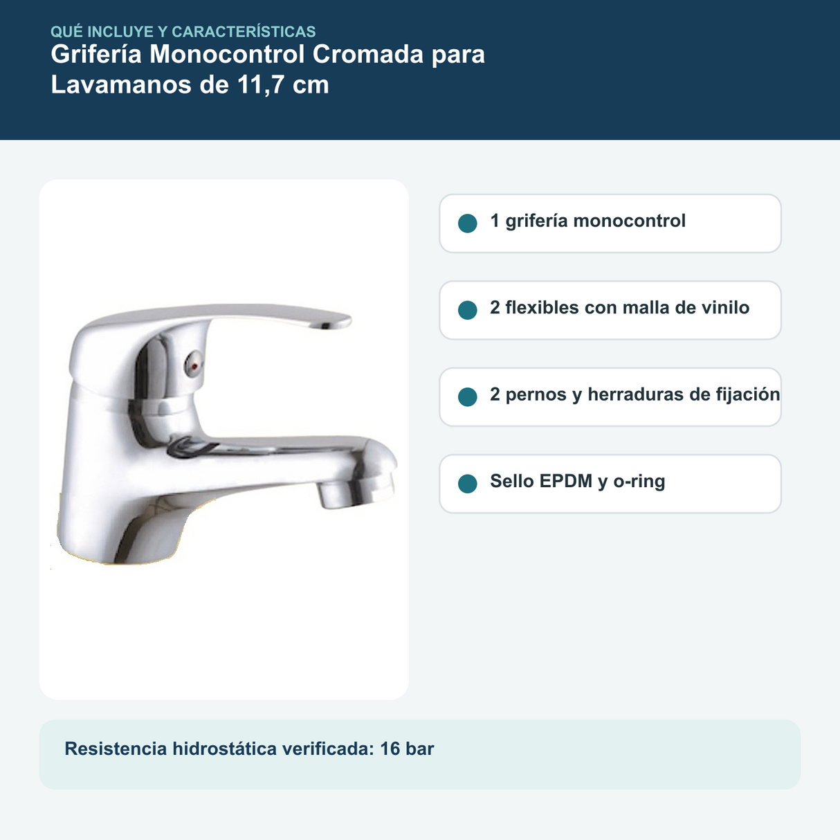 Contenido y características del grifería monocontrol cromada para lavamanos de 11,7 cm
