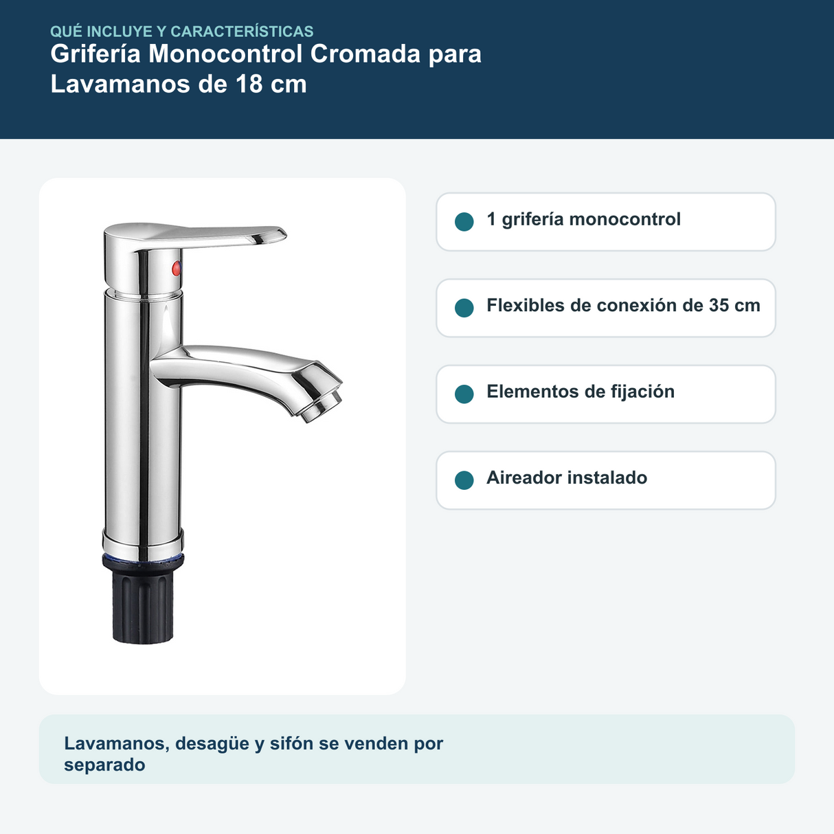 Contenido y características del grifería monocontrol cromada para lavamanos de 18 cm